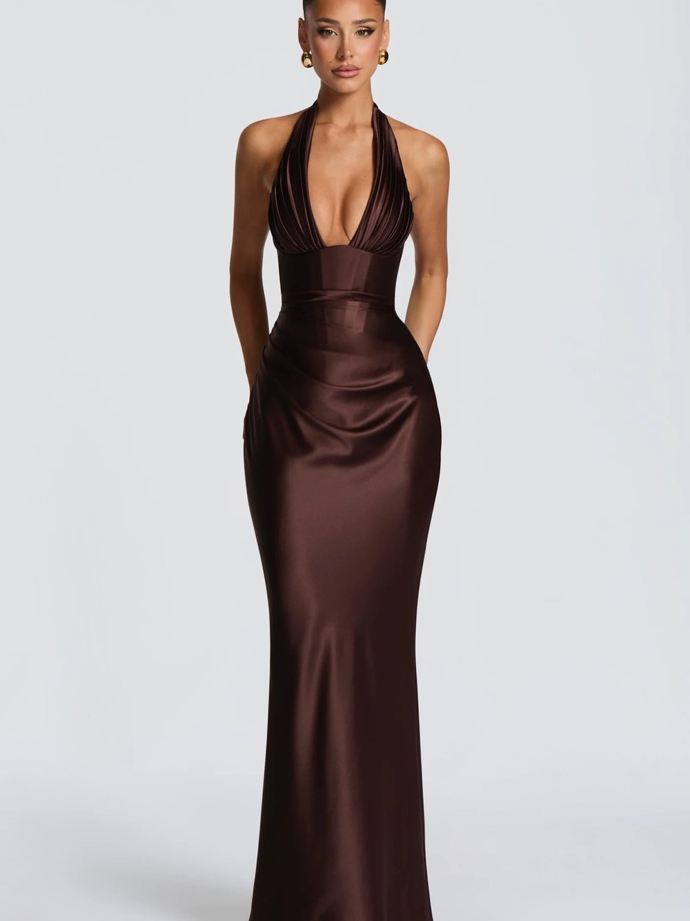 BabyBoo Fashion Elowen Satin Halter Evening Gown in Plum Brown - Picture 4 of 10